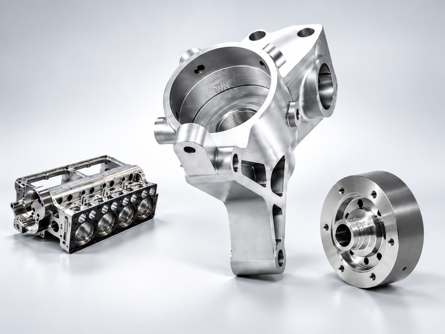 Precision-machined metal housing, engine block, and flanged component