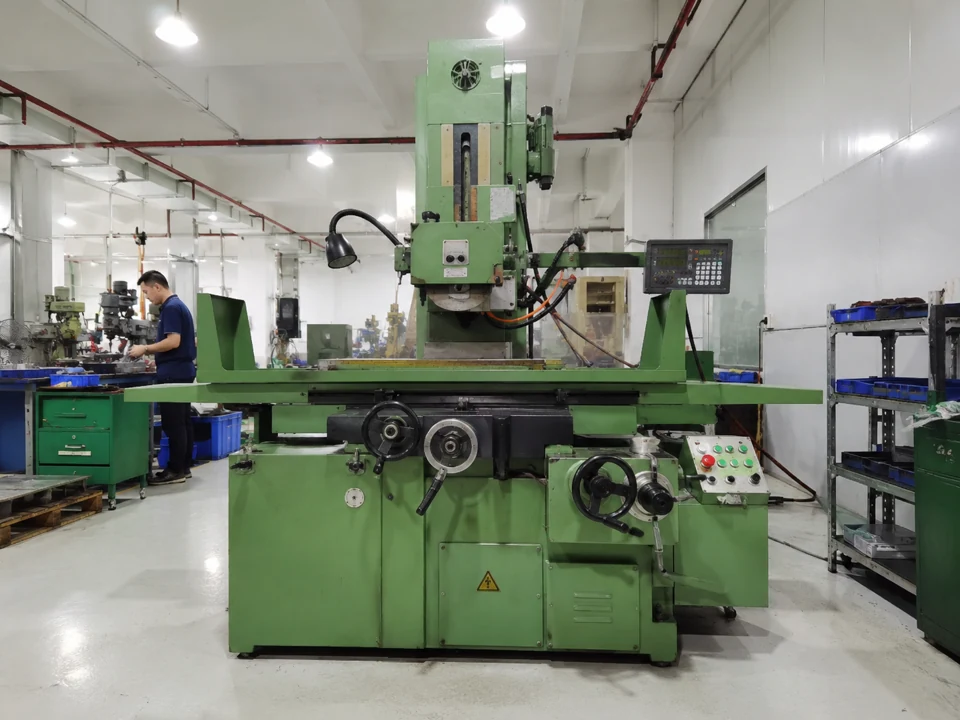 Green vertical milling machine with a work table in the workshop